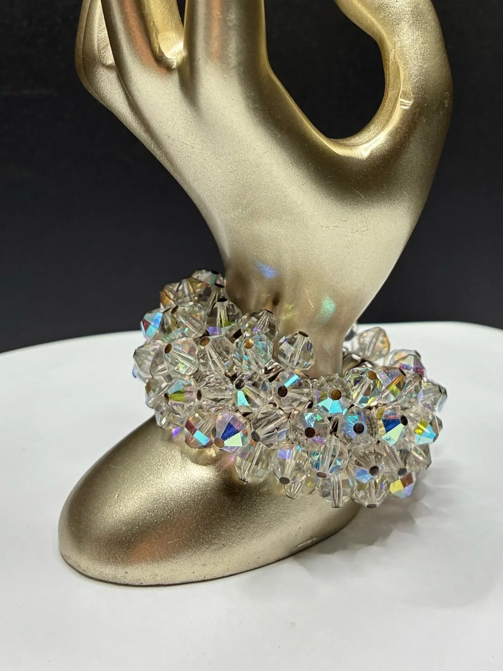 Vintage Chunky Crystal Aurora Bead Stretch Bracelet - Clear Iridescent